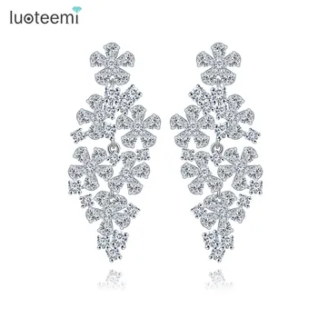

LUOTEEMI New Design Sparkly Pure Clear Crystal Zircon Paved Beauty Flower Statement Bridal Earrings For Friends Gifts Brincos