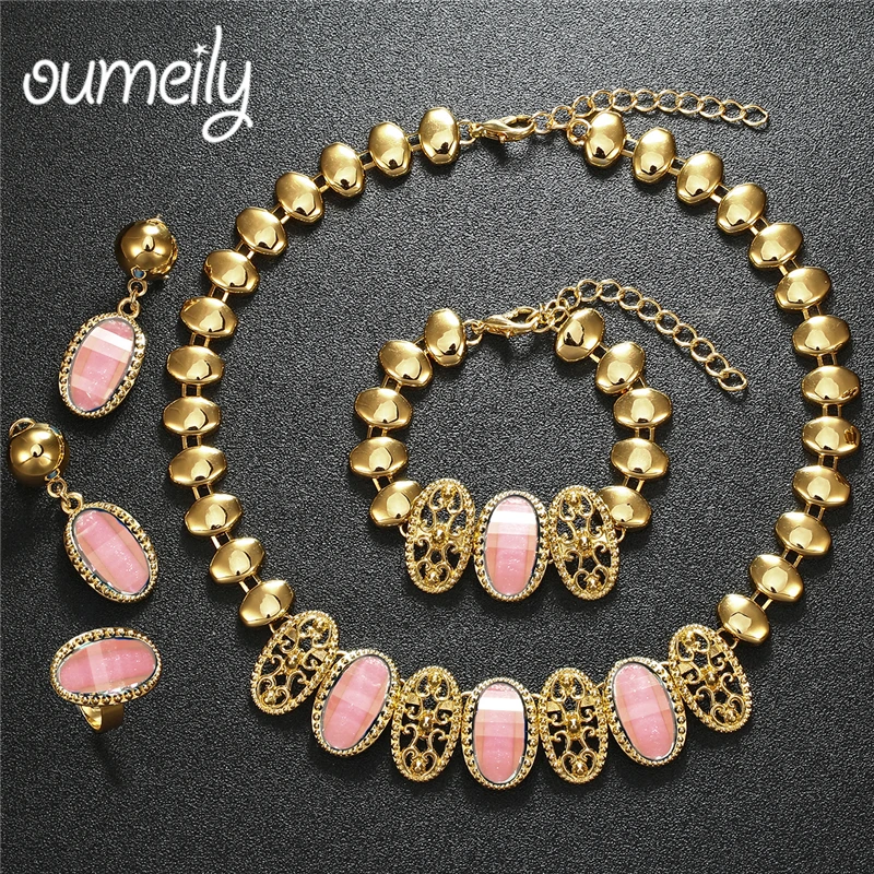 

OUMEILY Turkish Jewellery Set Elegant Ladies Pink Imitation Crystal Indian Dubai Bridal Jewelry Sets Nigerian African Jewelry