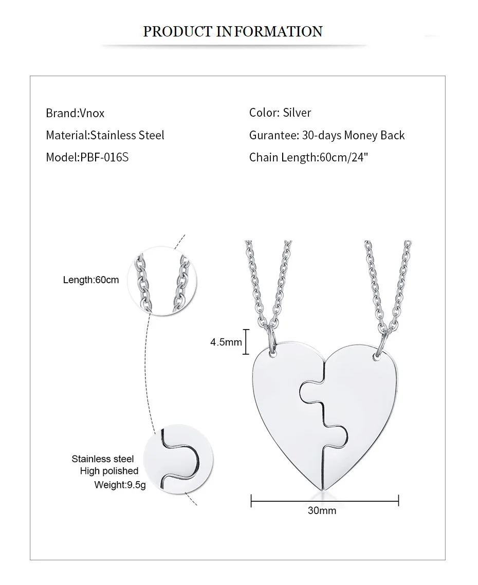 Vnox Персонализированная гравировка имя BFF ожерелья из нержавеющей стали лучшие друзья пара подвески набор подарок на день рождения