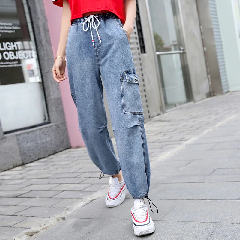 Весна 2009, женская одежда, новые брюки с несколькими карманами, свободная талия, Корейская версия, сетчатые красные, свободные и тонкие джинсы для папы