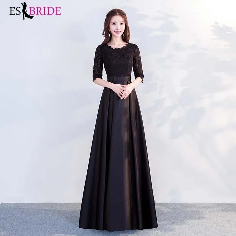 

Long Black Evening Dresses 2019 Formal Chiffon Lace Half Sleeve Party Gowns with Ruffles Sexy A-line Wedding Guest Gowns ES1294