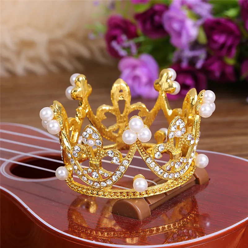 4YANG Mini Crown Cake Topper Crystal Pearl Tiara Children Hair Ornaments for Wedding Birthday Party Cake Decorating Tools