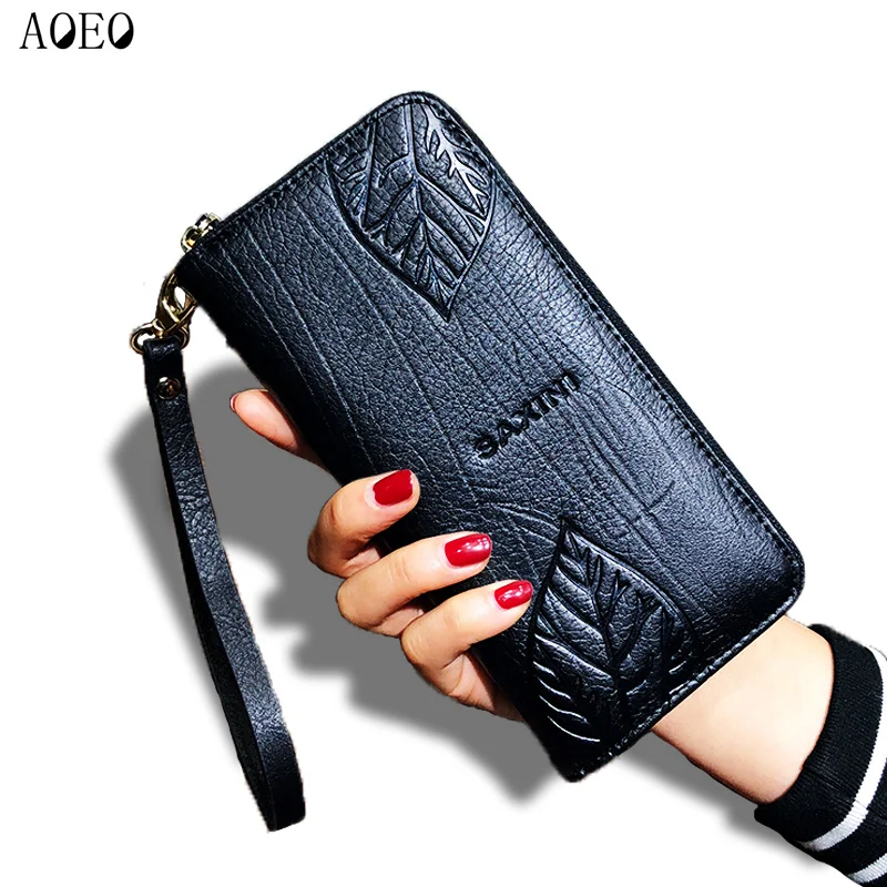 AOEO Ladies Embossing Wallet Female With Genuine Leather Wristlet Card Id Holders Money font b Purse