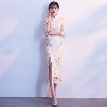 

New Female Flower Wedding Dress Classic Women Lace Qipao Traditional Mandarin Collar Party Gowns Elegant Cheongsam Vestidos