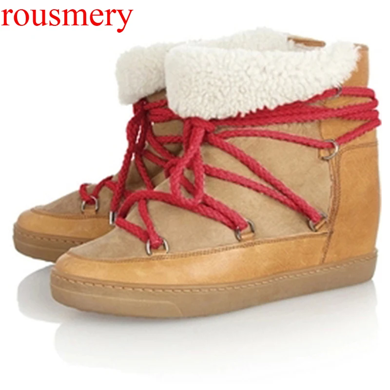 Rousmery brand Snow Boots Winter Lamb Wool Fur Inside Lace Up Ankle