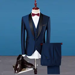 Мужской костюм синий воротником Стиль Свадебные Смокинги Костюмы Для мужчин комплект из 3 предметов (пиджак + жилет + штаны) бордовый синий