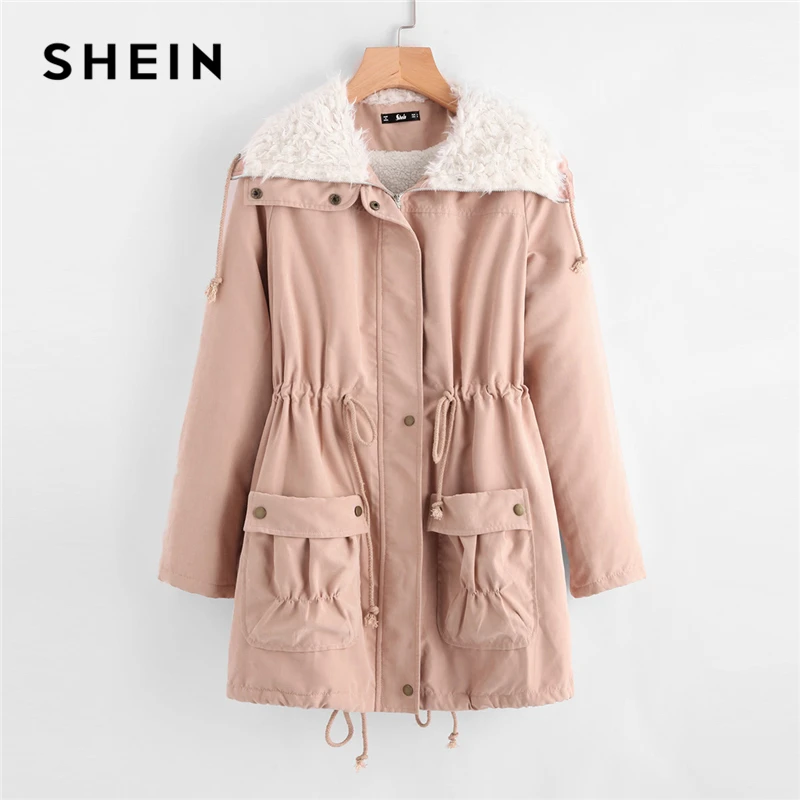 Buy SHEIN Pink Fleece Lined Pocket Front Drawstring Parka Coat Preppy Zipper