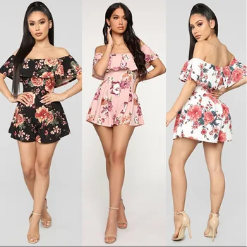 

3 Colorful New Arrival Fashion Sexy Floral Print Slash Neck Ruffed Short Sleeve Backless Cute Women Casual Playsuits