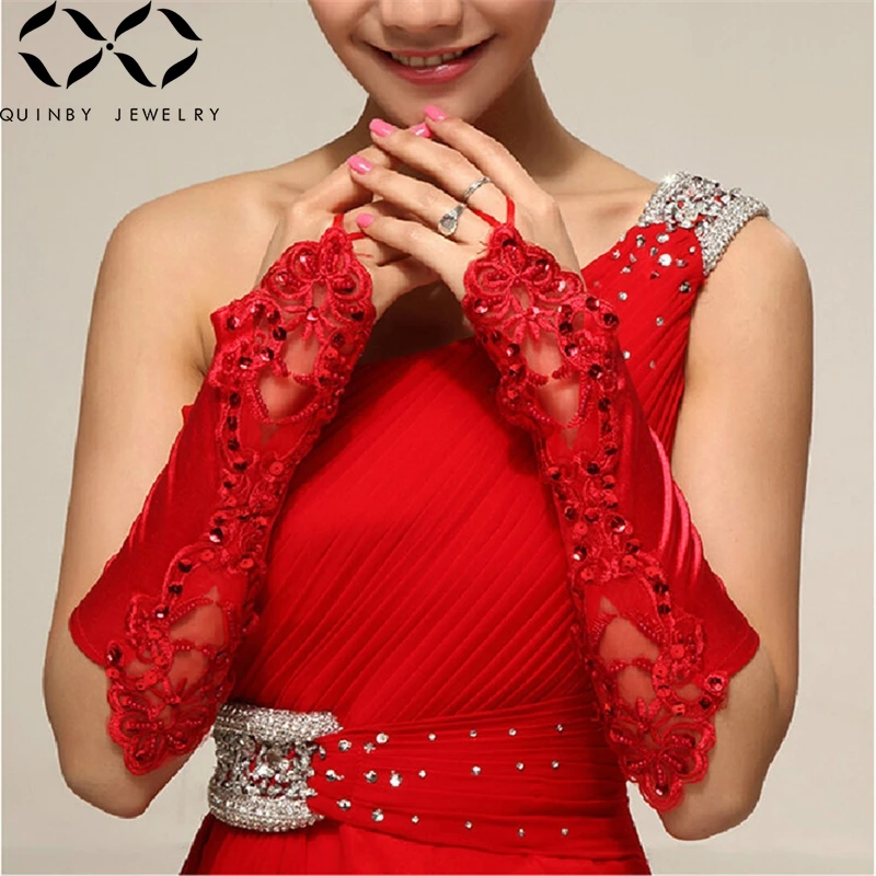 Quinby Wedding Gloves Women Fingerless Bridal Gloves Long Sequin Lace gant mariage femme Party gloves Wedding Accessories Q5