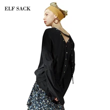 ELFSACK, стильные женские футболки с длинным рукавом, большие размеры, открытая спина, футболки с длинным рукавом, женская уличная одежда, топы с заклепками, футболки на шнуровке