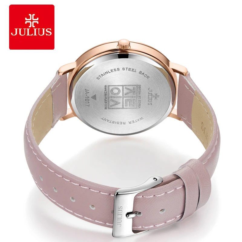 Tanie Julius zegarek Brand New oryginalny projektant kwarcowy proste kobiet zegarki duża tarcza różowy skórzany pasek kobieta zegar Montre JA 1017