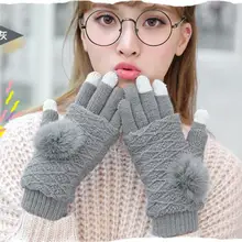 Для женщин леди Прихватки для мангала Full вязки милые Экран Touch бархат теплая Толстая Съемная Мех животных мяч стильный