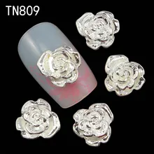 10 шт. блестящие серебряные стразы, Роза 3d украшения для дизайна ногтей, сплав наклейки для ногтей Подвески Ювелирные изделия для ногтей Инструменты TN809