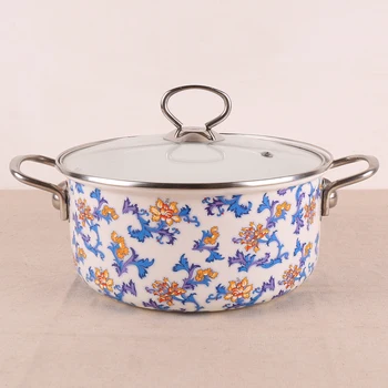 

European style porcelain enamel thickening double ears soup stainless steel handle glass lid stewpot stockpot saucepan 22cm