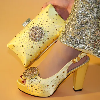 

Fashionable gold women pumps match handbag with rhinestone flower style african shoes and bag set for party dress S637