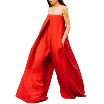 

AEL Red Super Long Loose Jumpsuit Women Boat Neck Sleeveless Summer Off Shoulder Sexy Jumpsuit2019 Streetwear Wide Leg Jumpsuit