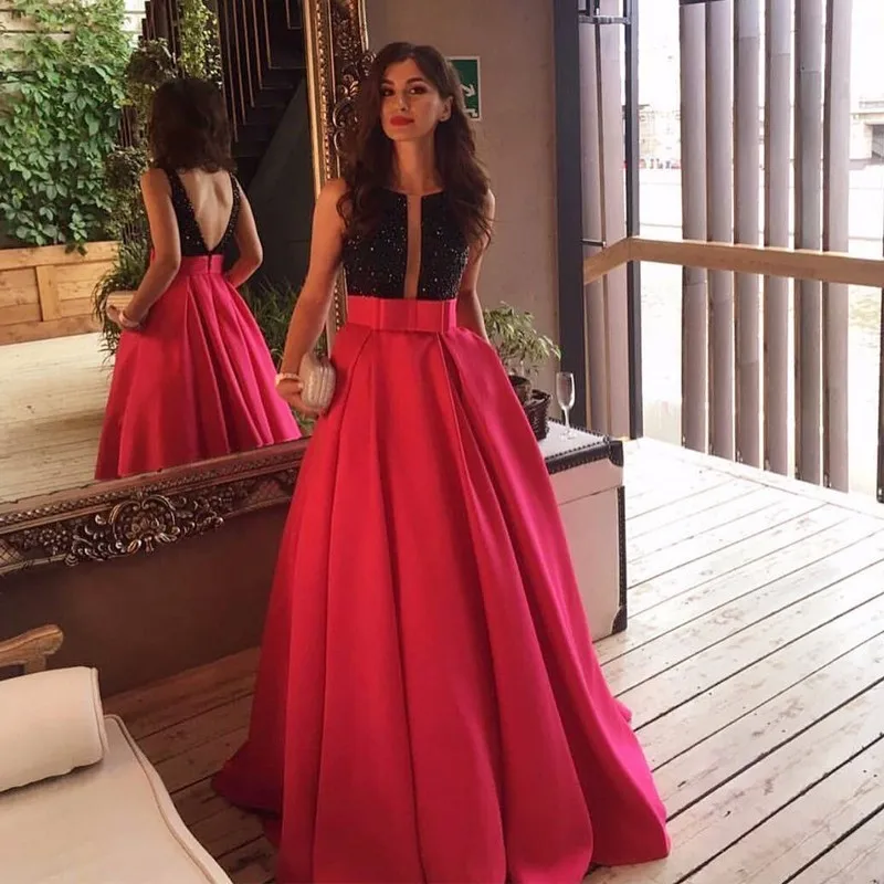

Elegant Black Crystal Long Evening Gowns With Pockets A-line Bow Red Prom Gown Sexy Backless Formal Party Clothing 2019