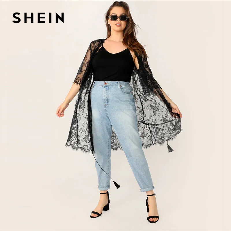 SHEIN Plus Size Black Sheer Eyelash Lace Kimono With Tassel Belt Women Summer Boho Half Sleeve Longline Contrast Lace Kimonos SHEIN Plus Size Black Sheer Eyelash Lace Kimono With Tassel Belt Women Summer Boho Half Sleeve Longline Contrast Lace Kimonos