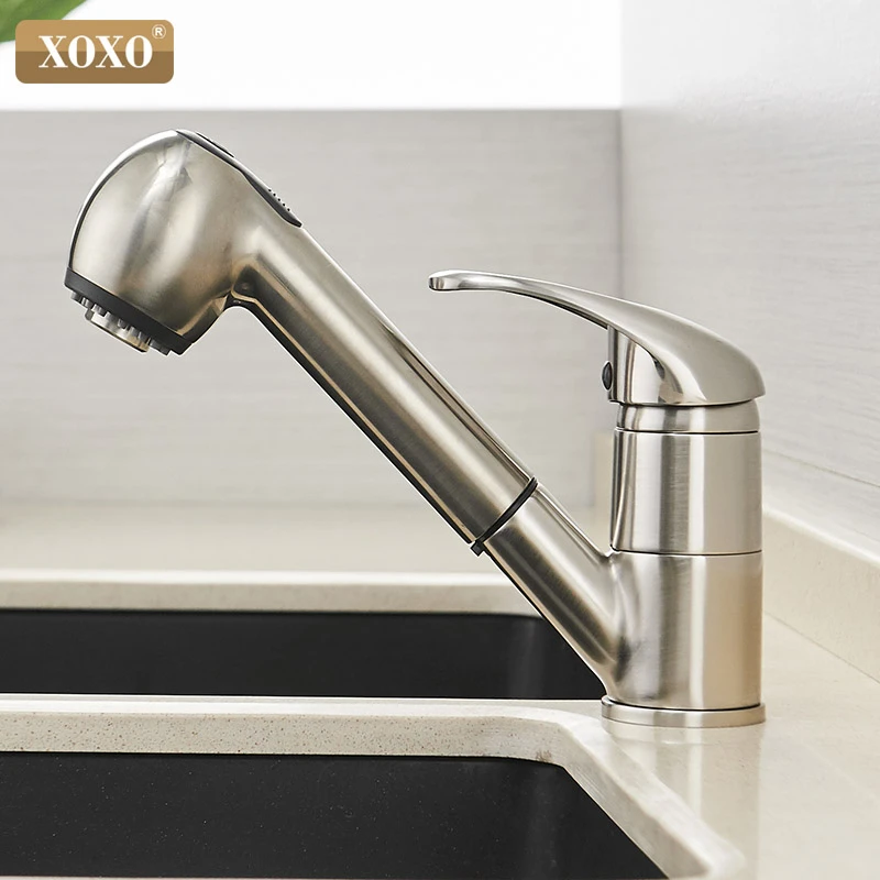  XOXO brass kitchen faucet 360 degrees pull out spray mixer tap crane polished black of water saving - 32860791623