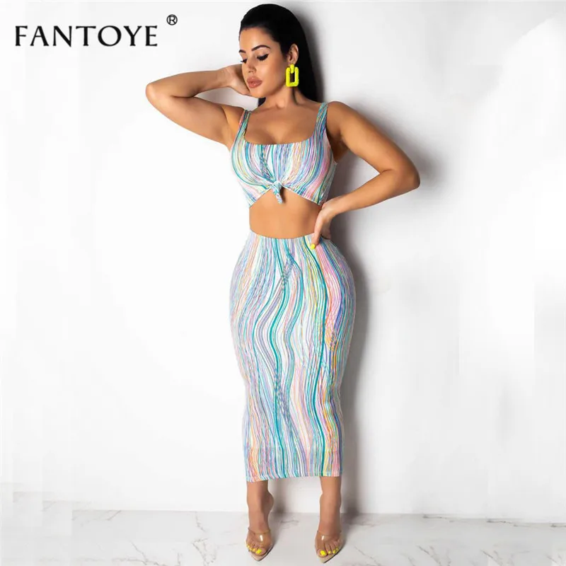 

Fantoye Women Summer Two Piece Set Dress 2019 Sexy Striped Print Long Maxi Dress Low Collar Bow Crop Top Party Dresses Vestidos