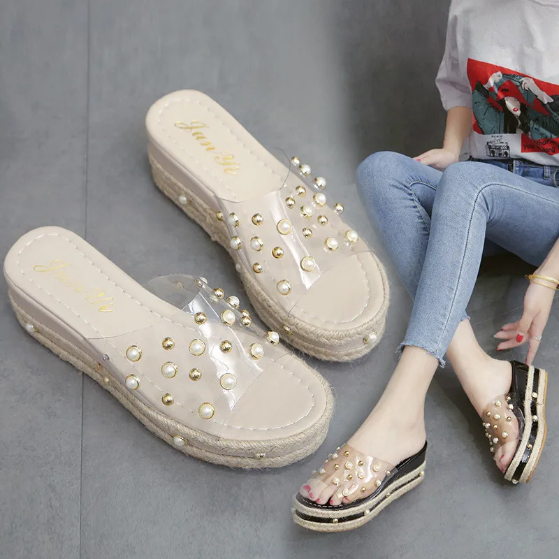 

Female Summer 2019 Clear Slides Wedge Heel Flat Slippers Rubber Leather Sliders Toe Ladies Heels Outside Clogs Platform Pvc