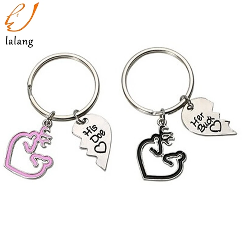 

2 PCS Fashion Elk Deer Love Heart Couple Pendant Keychain Accessories Jewelry Creative Letter Her Buck & His Doe Key Rings Gift