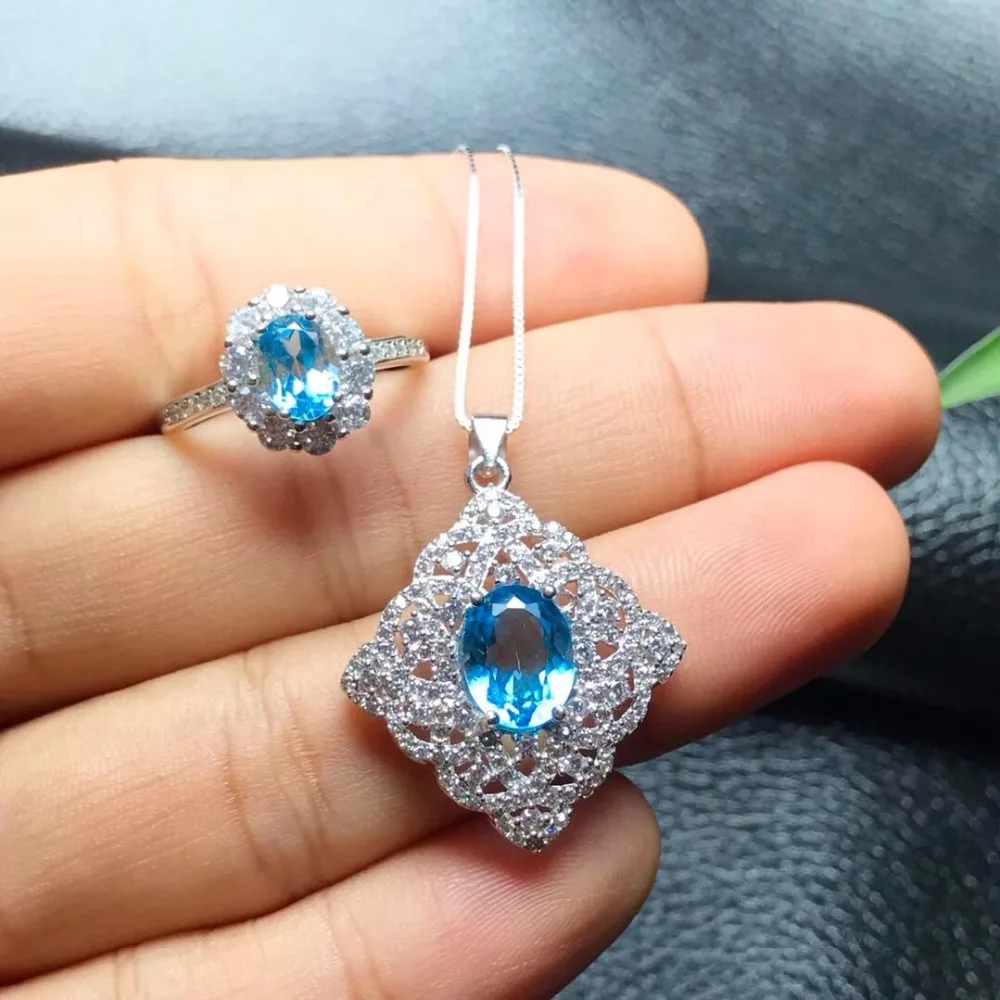 Натуральный топаз, ожерелье с кольцом, серебро 925, свежий и красивый, небесно-голубой. Светлый цвет