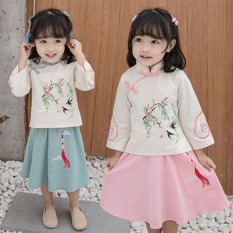 

New traditional Han style fashion cotton and linen embroidered long-sleeved blouses tops +skirt two pieces set for girls