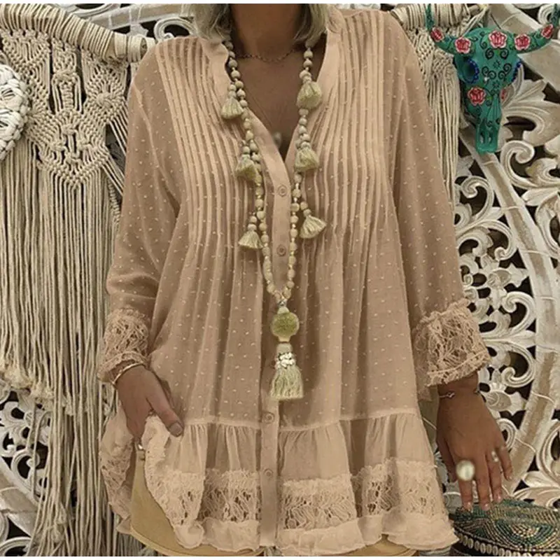 Fanbety Женская кружевная шифоновая рубашка в горошек, блузка, элегантная однотонная Свободная блуза с пышными рукавами, топы, летние блузы с v-образным вырезом 5XL - Цвет: khaki