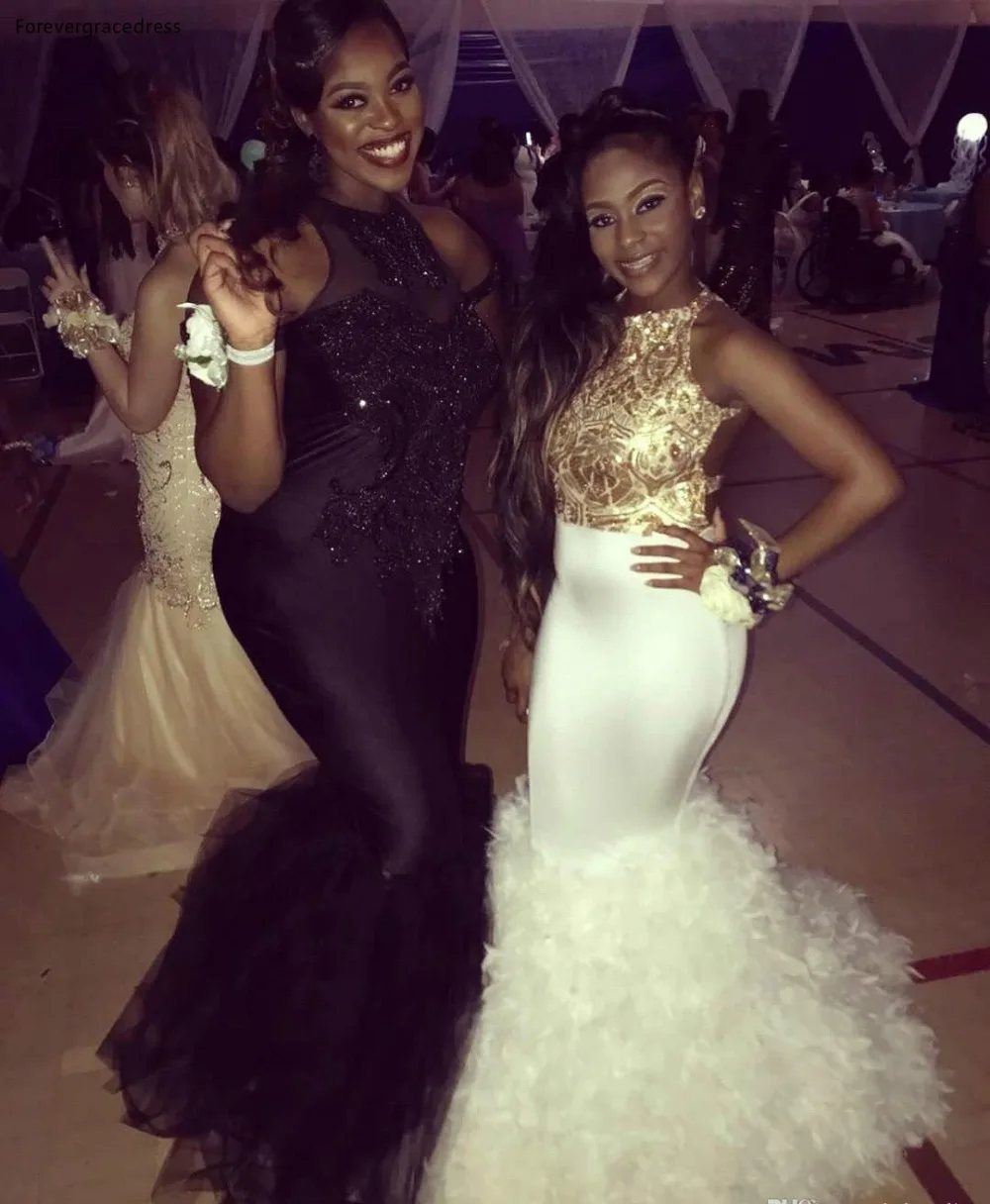 White With Gold Mermaid Prom Dresses 2019 Sequins Top Feather Prom Gowns 2K18 Black Girls Party Dresses BA8854  199 (4)