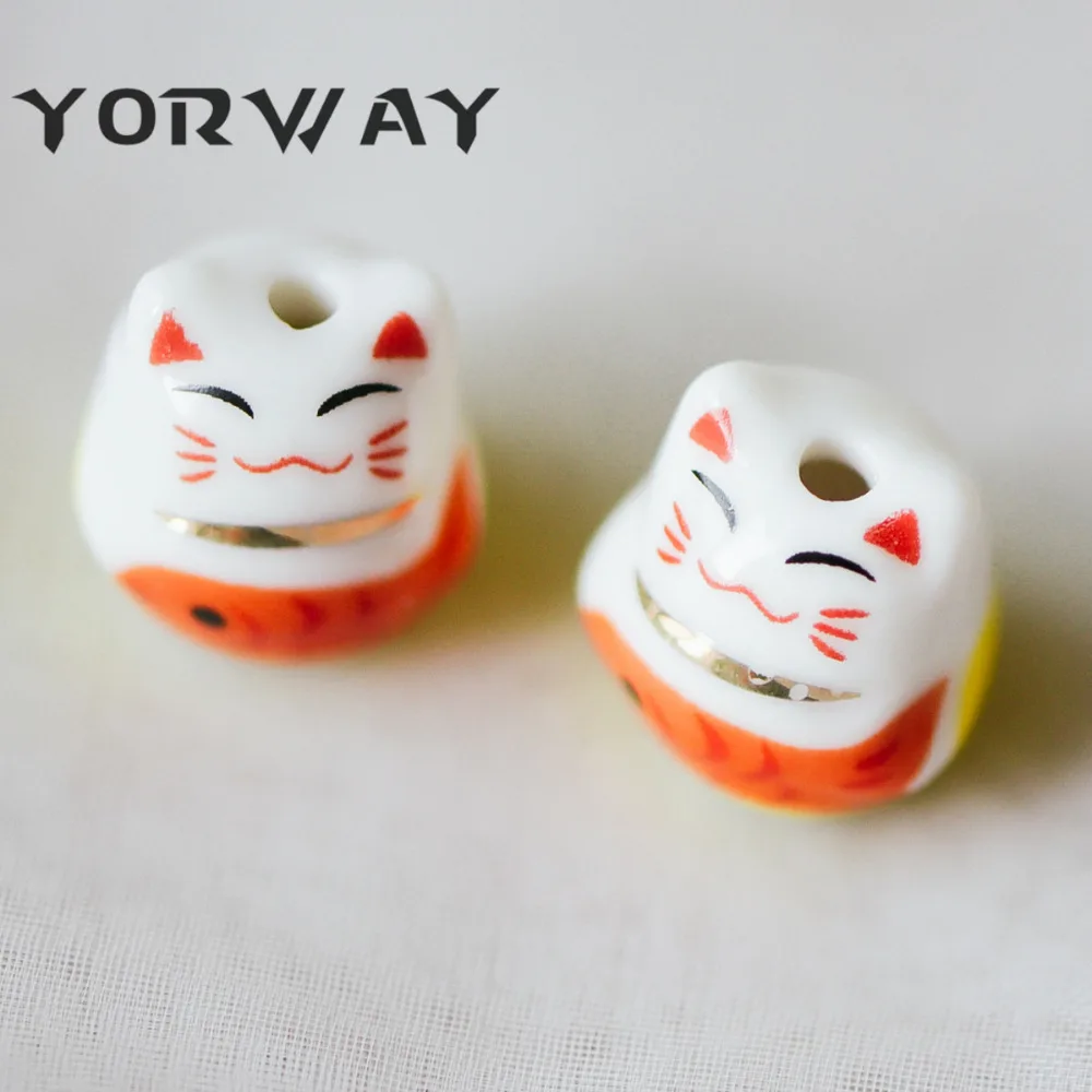 10 шт./лот фарфор Lucky бусины кошка 15 мм ручной работы керамика Maneki Neko просверленные