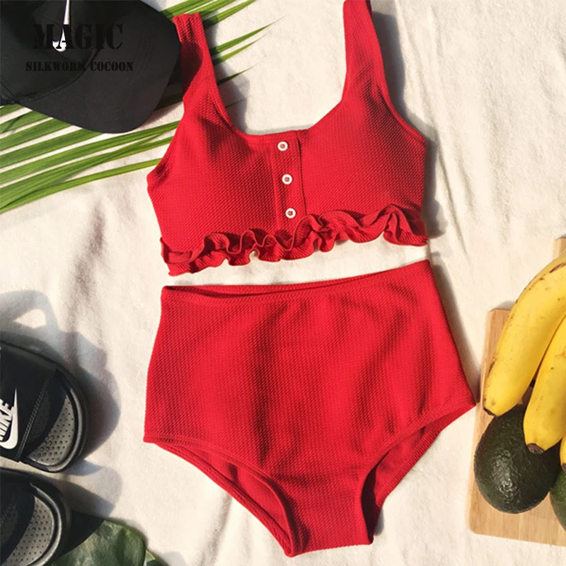 Red Black High Waist Bikini Set New Ruffle Backless Swimming Suit Women Solid Sexy Chest Button Swimwear Girl Beach Swimsuits