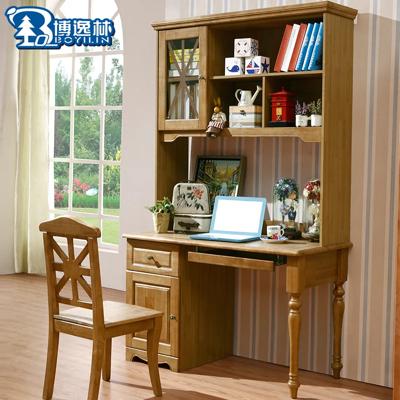 All Solid Wood Desktop Computer Desk With Bookcase Cabinet Corner