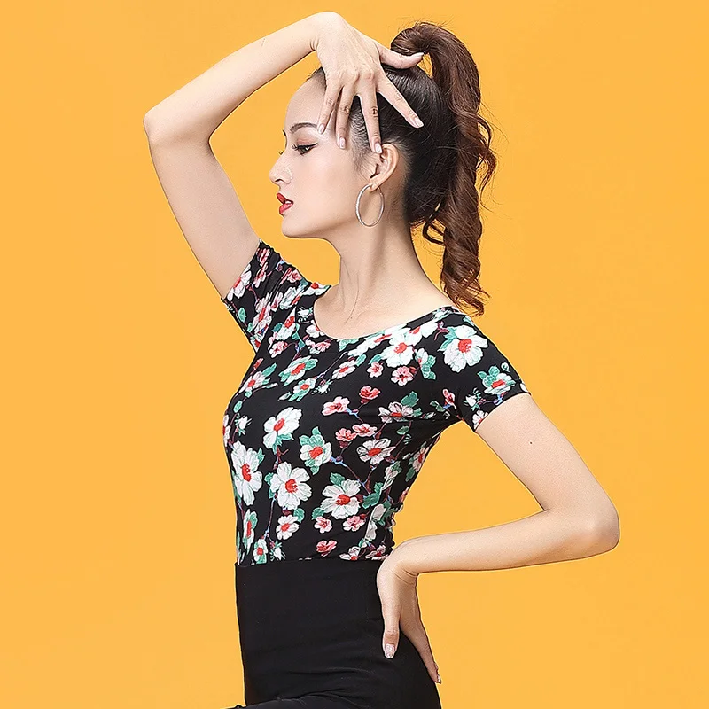 

New Printing Latin Dance Tops Female Adult Professional Dance Costumes Ballroom Waltz Samba Short Sleeves Practice Shirts DL3943