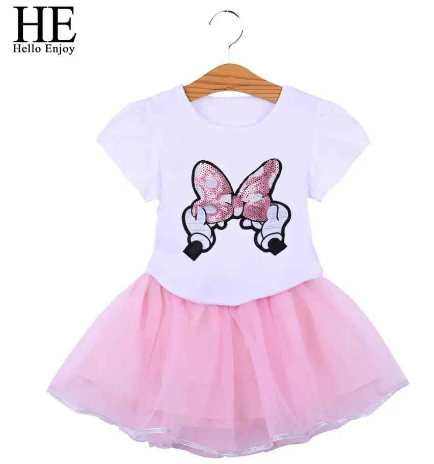 HE Hello Enjoy/изысканные наряды для девочек топы с бантом и блестками+ серая юбка комплекты из 2 предметов комплекты детской одежды новые летние комплекты для детей от 2 до 6 лет - Цвет: Розовый