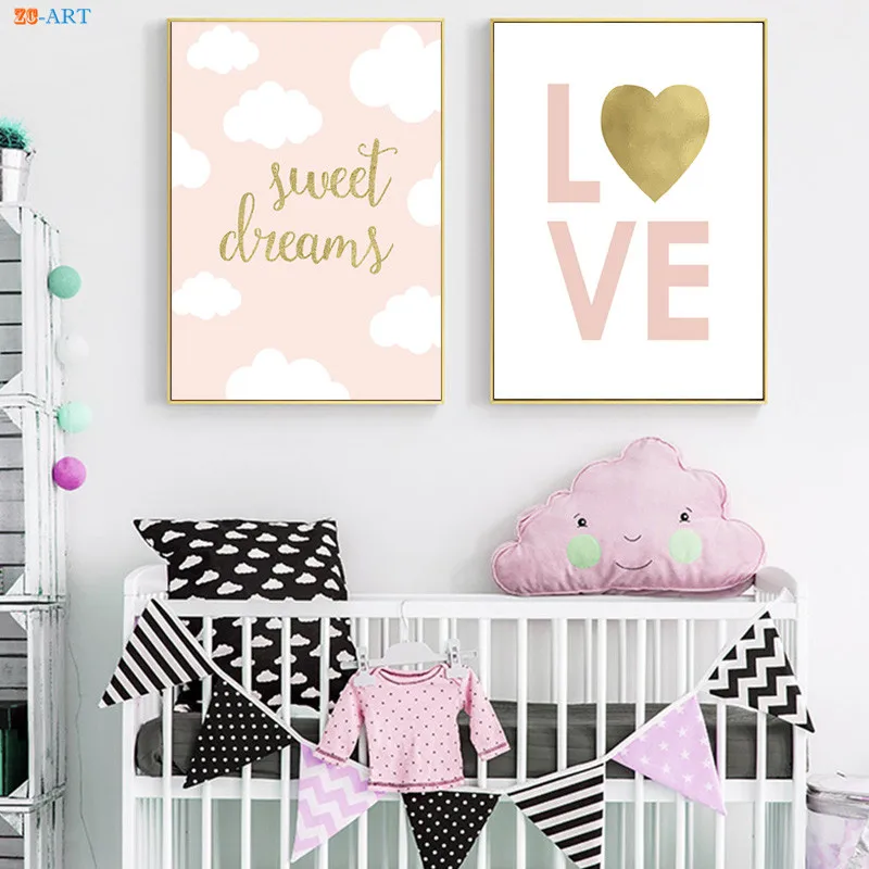 Pink Love Gold Foil Canvas Art Poster and Print Painting Nursery Wall Art Kids Room Decor Baby Girl Room Home Decoration