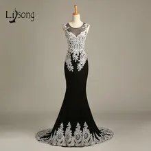 Real Fotos Vestido De Noche de Lujo con Brillantes Cristales Rebordear Gasa Appliques Sirena Sheer Vestidos de Noche Negro Largo
