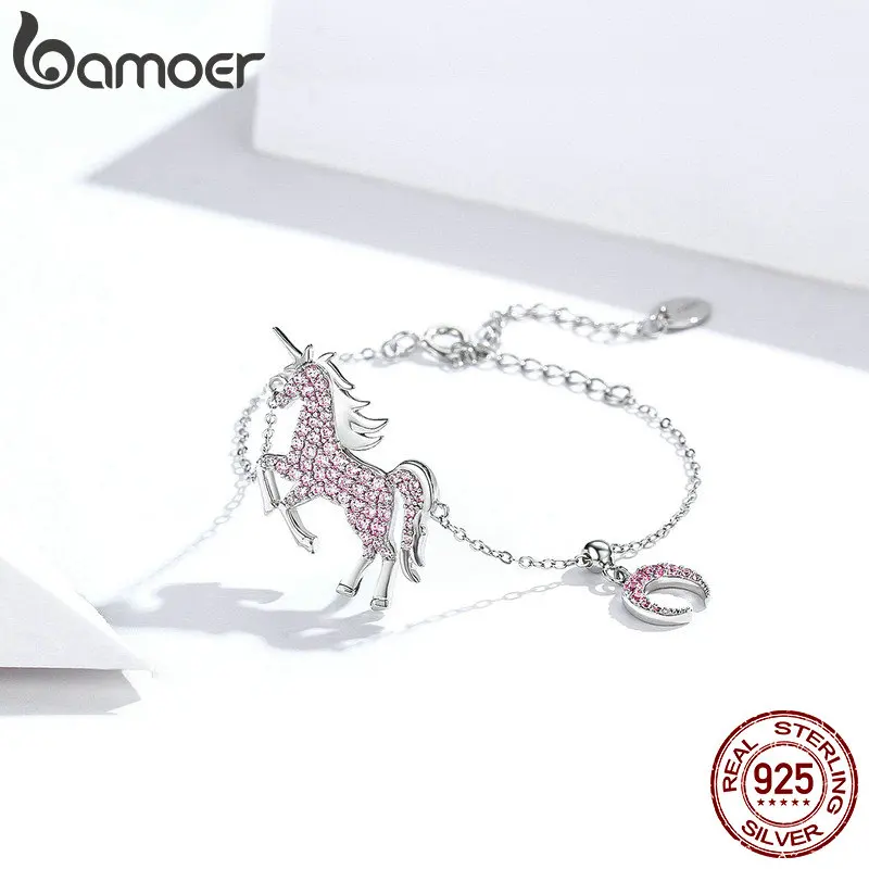 bamoer Fantasy Mystery Licorne Charm Bracelet and Finger Rings Women 925 Sterling Silver Pink CZ Statement Jewelry Sets ZHS147