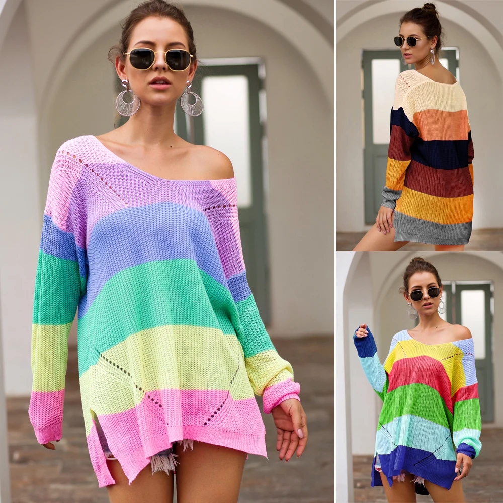 

Laughido Autumn Winter Long Sleeve Rainbow Patchwork Sweaters Women Split Loose Pullovers Jumpers Knitted Oversize Sweaters 2019