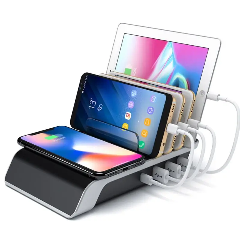 

Wireless Charger For Iphone Samsung 4 Port Usb Charging Dock Station USB Type C Smart Phone Tablets Desktop Stand Power Adapter