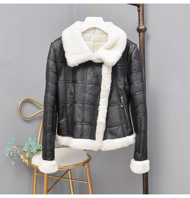 Abrigo mujer natural real sheep fur coat women clothes moto& Biker genuine leather jacket Double-faced Fur sheepskin coat