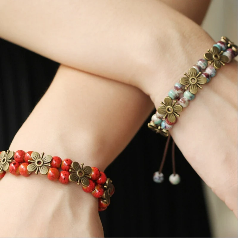 

1pc Ceramic Bead Bracelet Vintage Style Link Chain Bracelets Women Round Shape Beautiful Flowers Valentine's Day Gift 2018 New