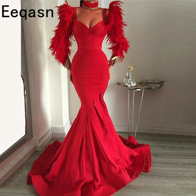 Роскошные перо красные платья для выпускного одежда с длинным рукавом арабский импортные вечернее платье, пикантное женские специальное вечерние vestido de festa