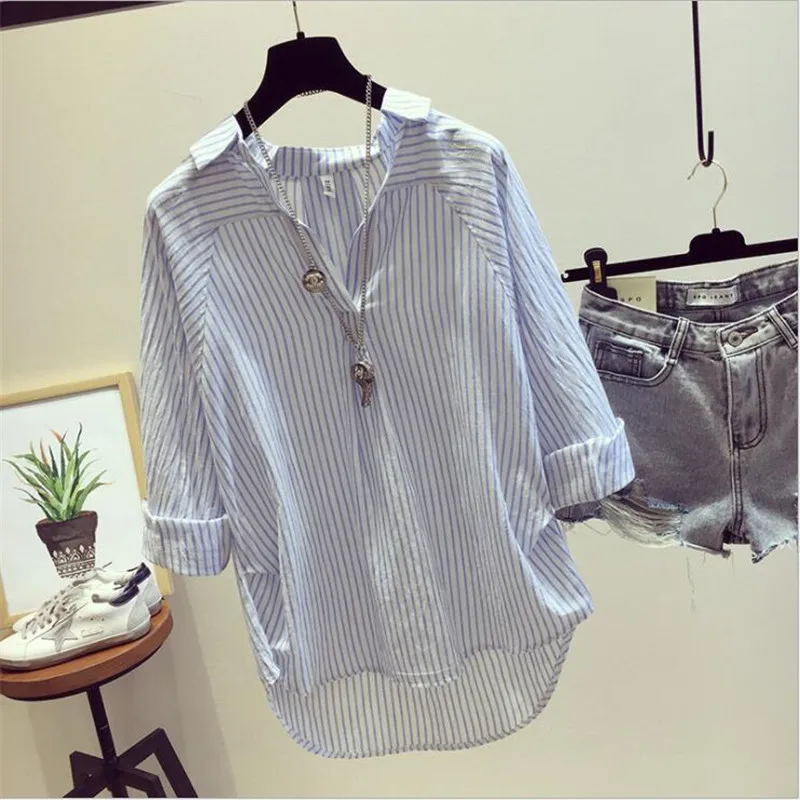 

2019 Popular Blue Spring Autumn shirt Women Female Ladies shirts blouse Casual Striped Loose Turn-down Collar top clothes YYW004