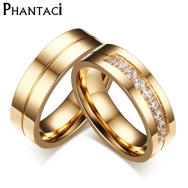 6 мм обручальное кольцо из нержавеющей стали для влюбленных IP золотого цвета с кристаллами CZ, набор колец для пар, мужские и женские обручальные кольца