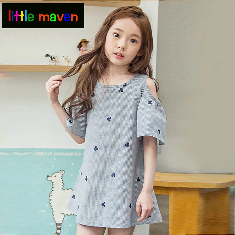

2017 Summer Girls Shoulderless Dresses Striped Princess Dress Kids Girl Clothes with Mickey or Star Pattern New Arrival Brand