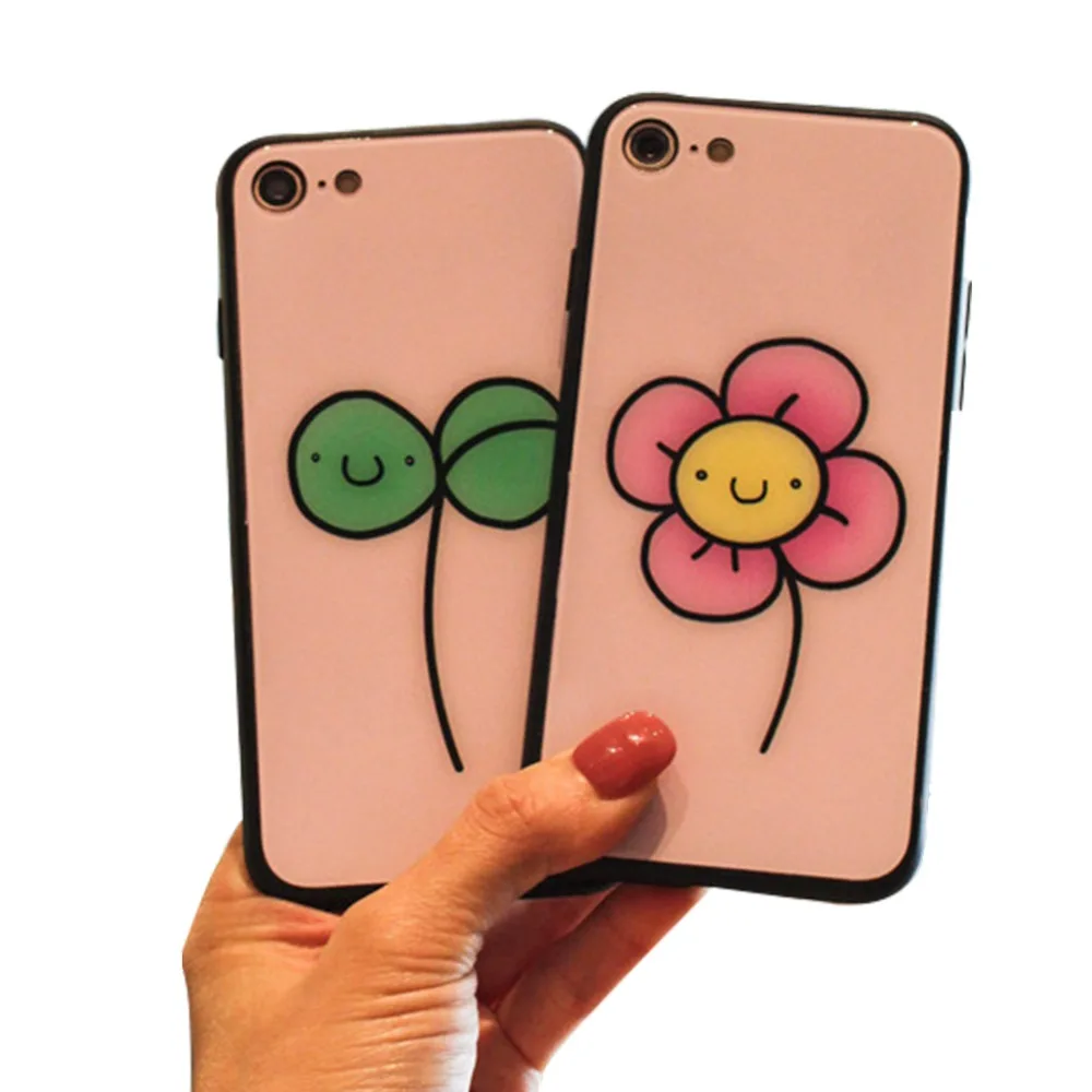 Tempered Glass Case for iPhone X XS Max XR Cute Flower Grass Pattern Soft TPU Cover 7 8 Plus Lovers Couples Back |