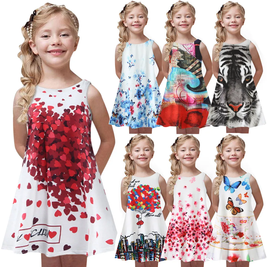 Cartoon Print Summer Kids Girl Dress Casual Dresses Children Party Clothing Wear