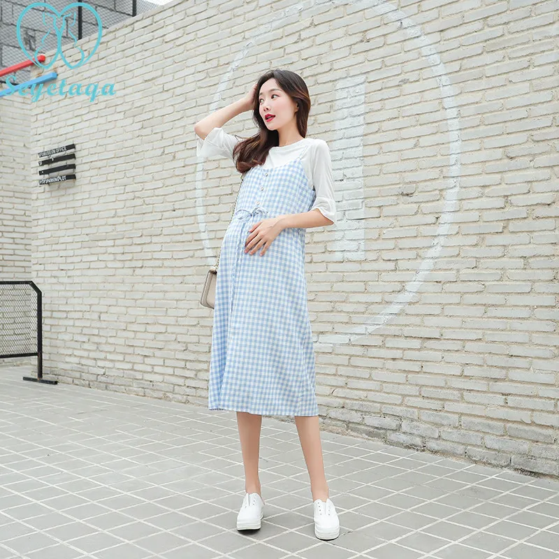 

2072# Spring Summer Korean Fashion Maternity Long Dress Slim Plaid Sundress Sweet T Shirt Clothes for Pregnant Women Pregnancy