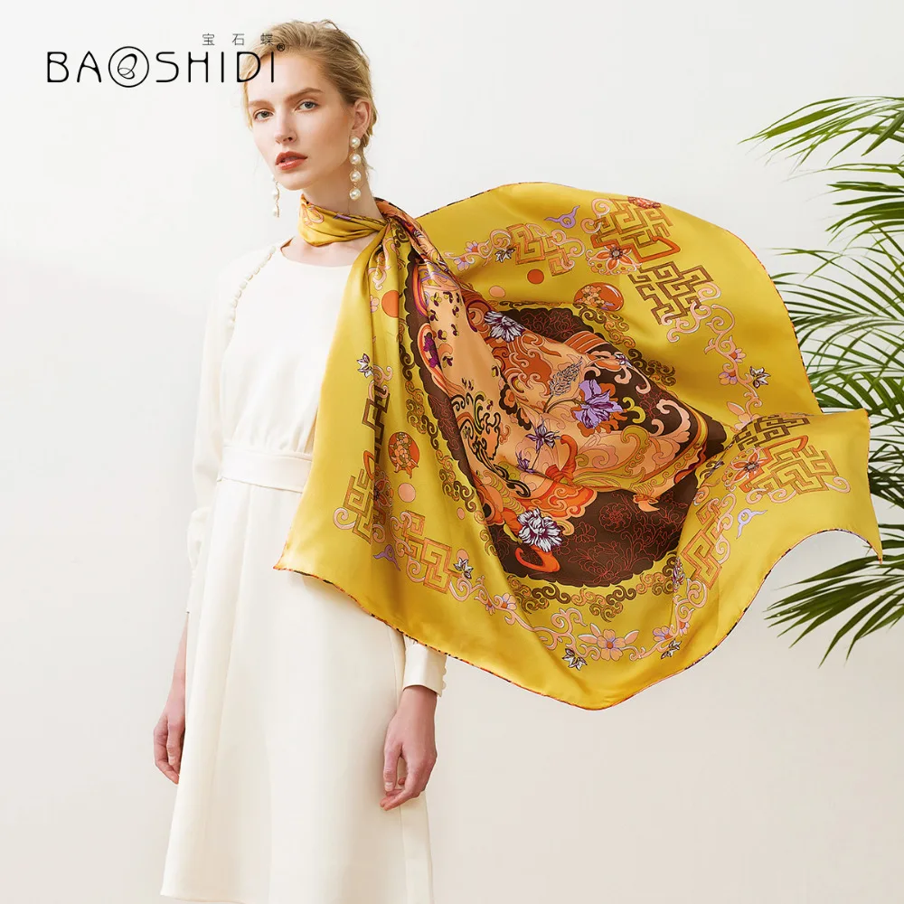

[BAOSHIDI]2018 New Arrival, 16m/m 100% silk satin scarf,Fashion Square Scarves women China element pattern design infinity shawl